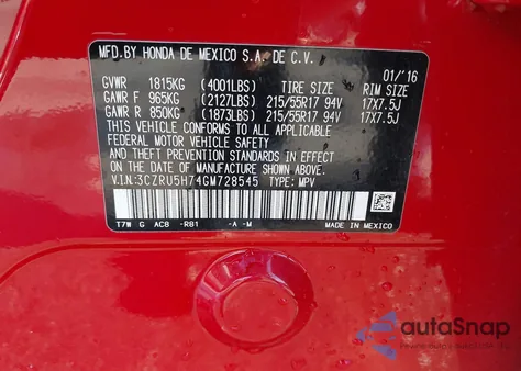 2016 Honda Hr-V Ex-L z USA, uszkodzony, nr VIN 3CZRU5H74GM728545